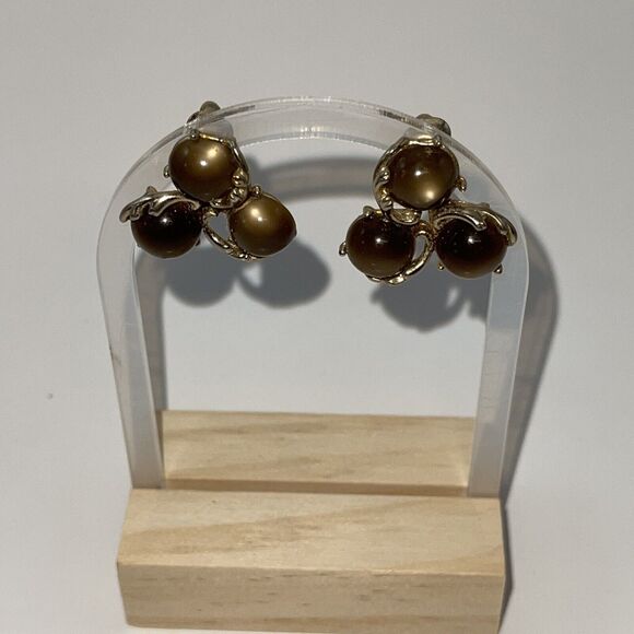 Vintage Jewelry Gold Toned tigers eye Brown Stone Clip On Earrings Cluster B#18 - Picture 6 of 13